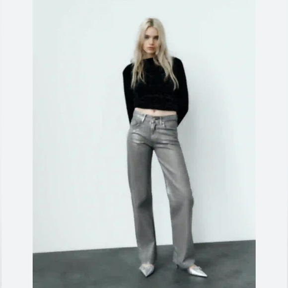 EUC Zara Metallic Gray Coated Wide Leg Jeans On Trend! - Picture 5 of 11